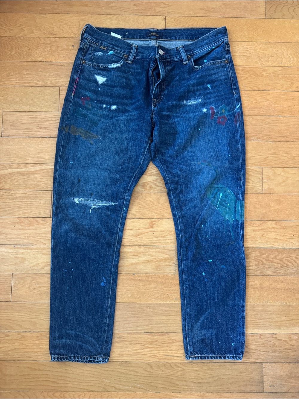 Ralph Lauren Dark Blue Slim Straight Jeans with Multicolor Paint Accents